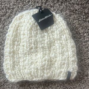 Eddie Bauer Off-White Cream and Gold Thread Chunky Knit Beanie
